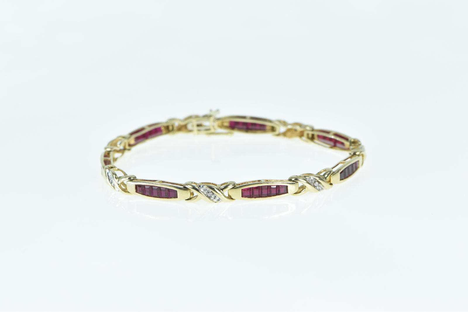 10K Vintage Diamond Syn. Ruby Princess Tennis Yellow Gold Bracelet 6.75"