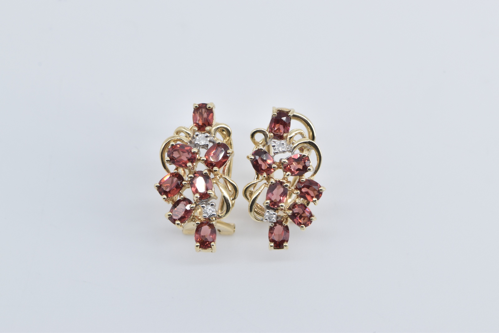 10K Vintage Garnet Diamond Cluster French Clip Yellow Gold Earrings
