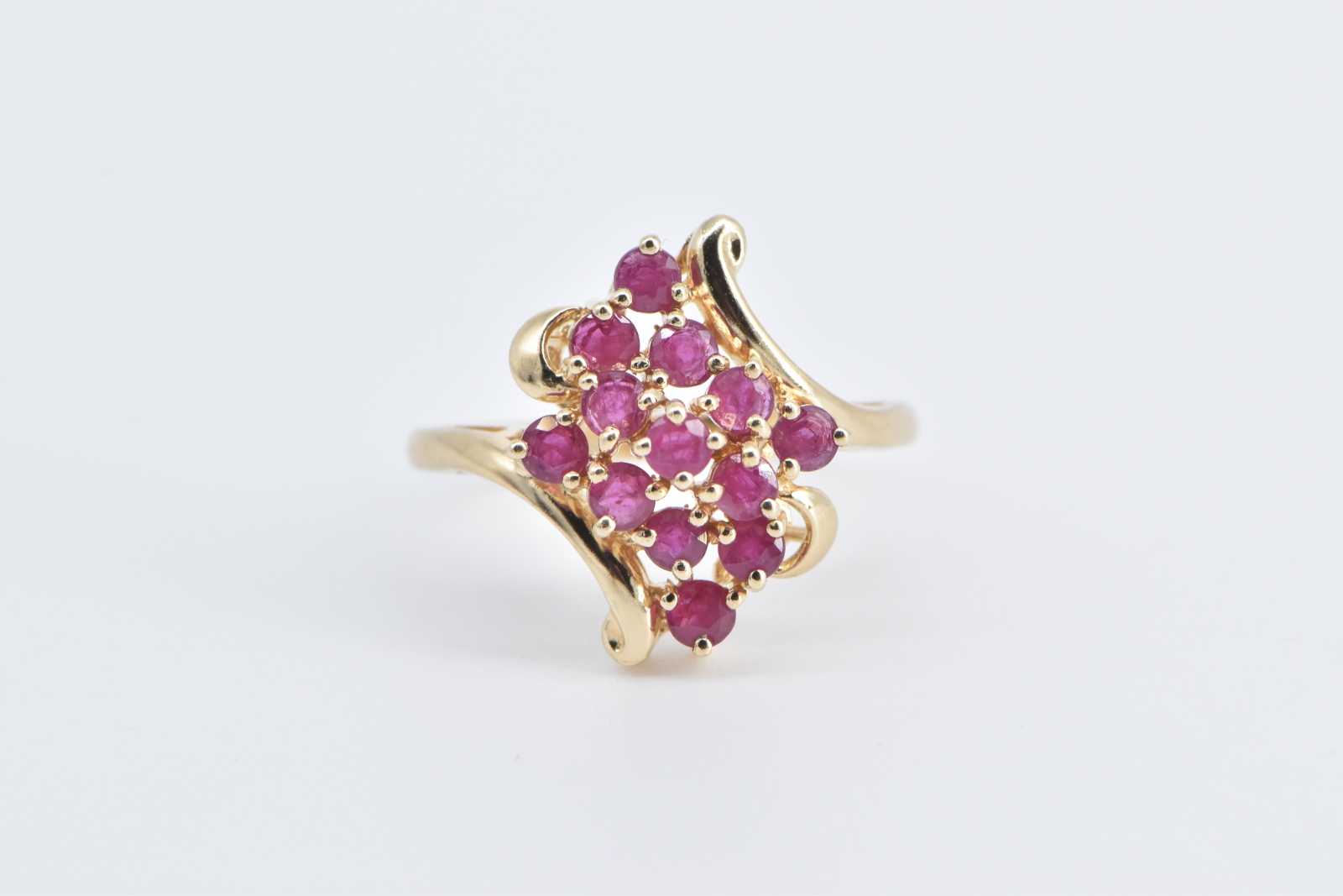 10K Vintage Natural Ruby Cluster Curvy Freeform Yellow Gold Ring, Size 8