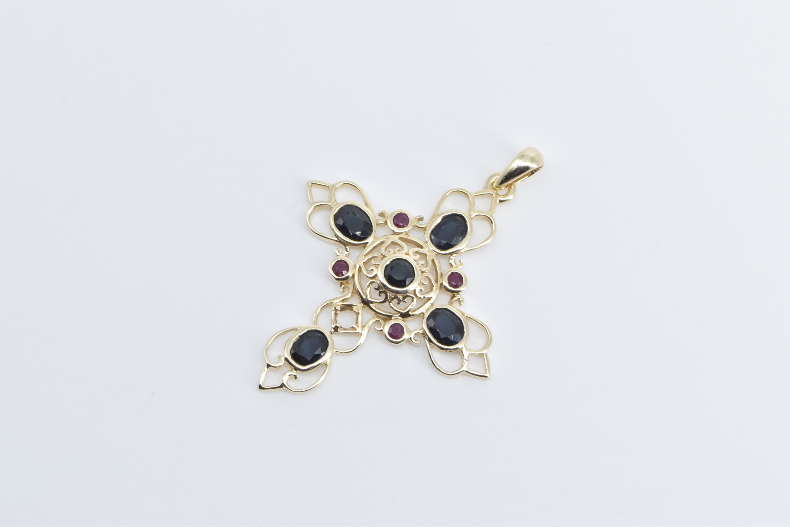 10K Vintage Sapphire Ruby Filigree Cross Yellow Gold Pendant
