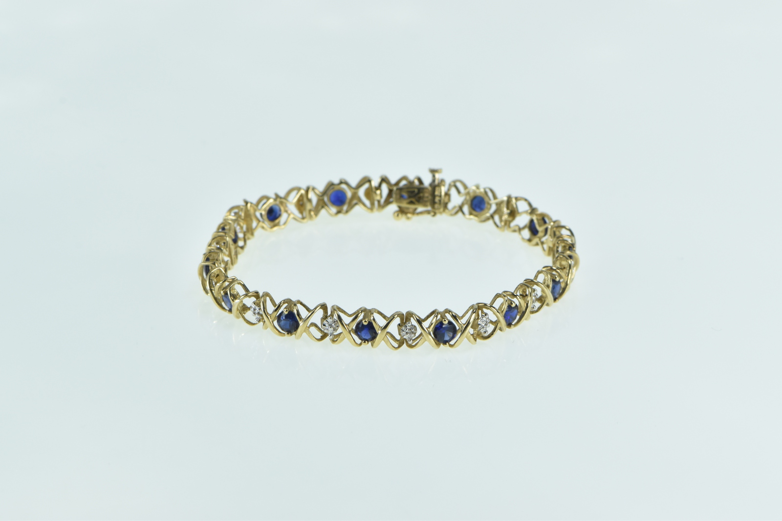 10K Vintage Syn. Sapphire Diamond X Link Tennis Yellow Gold Bracelet 7"