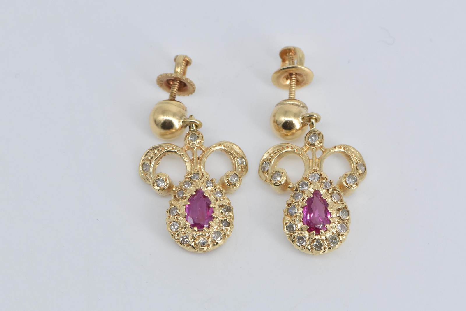 13K Pear Ruby Natural Diamond Halo Antique Dangle Yellow Gold Earrings