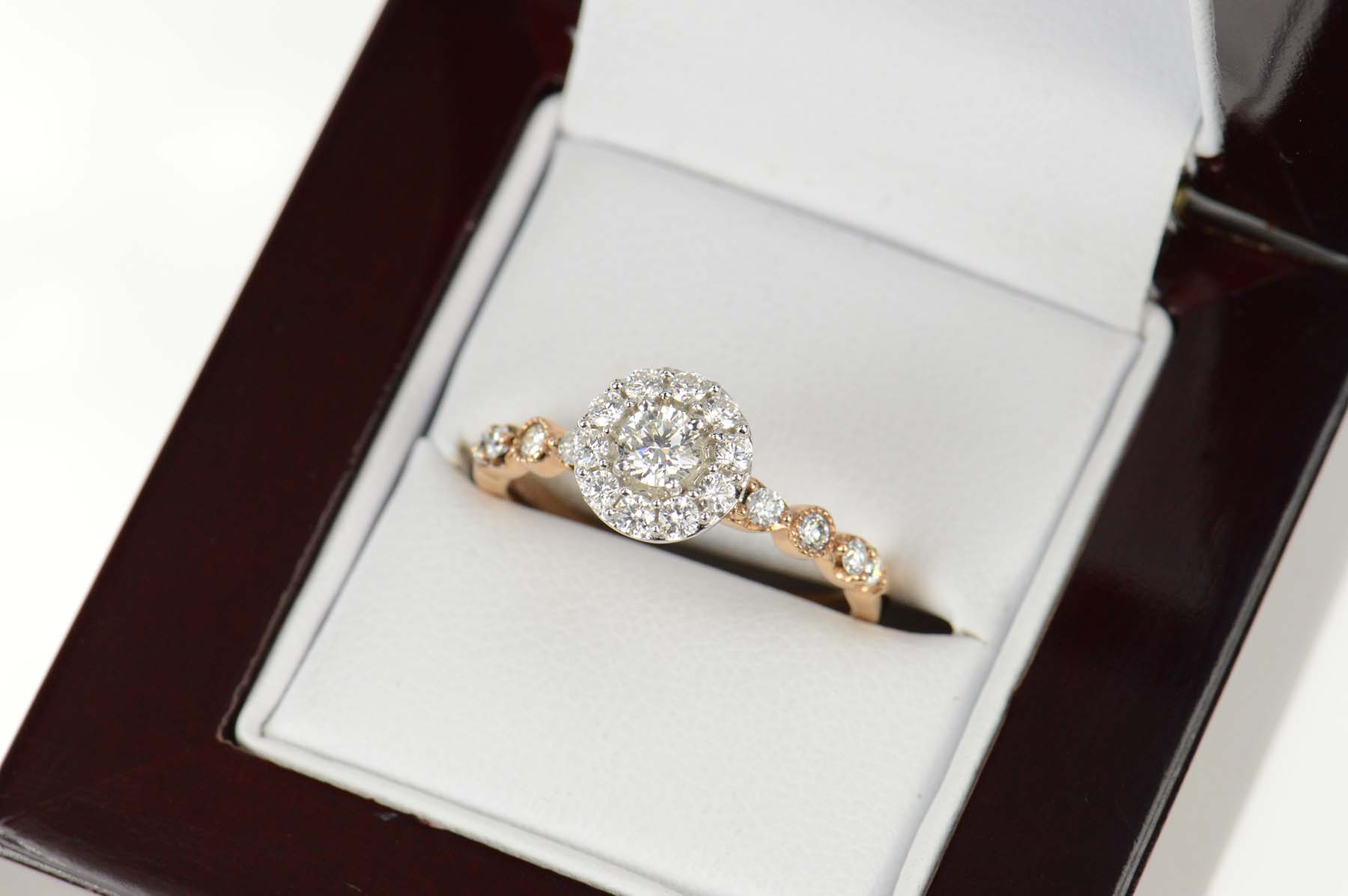 14K 0.75 Ctw Round Diamond Halo Engagement Rose Gold Ring, Size 7.25