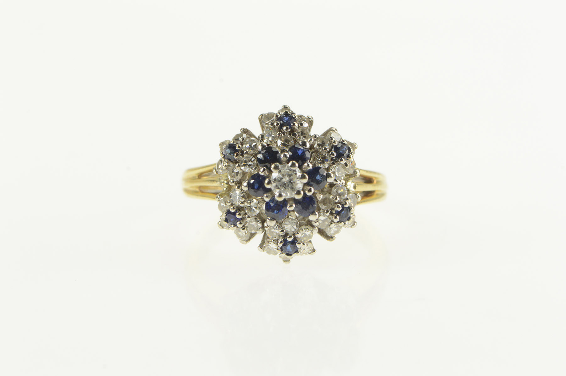 14K 0.83 Ctw Diamond Sapphire Halo Round Cluster Yellow Gold Ring, Size 5