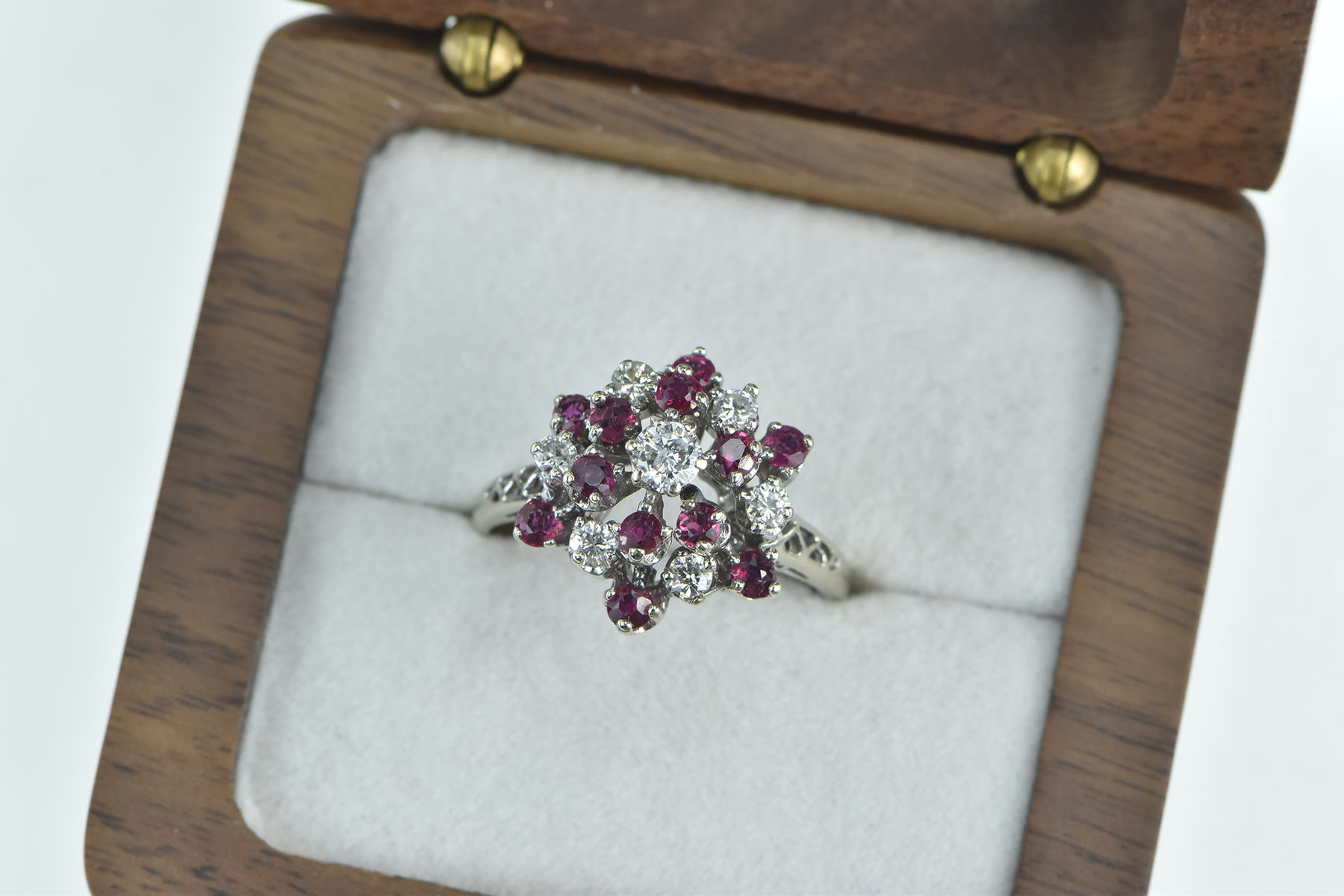 14K 0.88 Ctw Ruby Diamond Cluster Statement White Gold Ring, Size 7.75