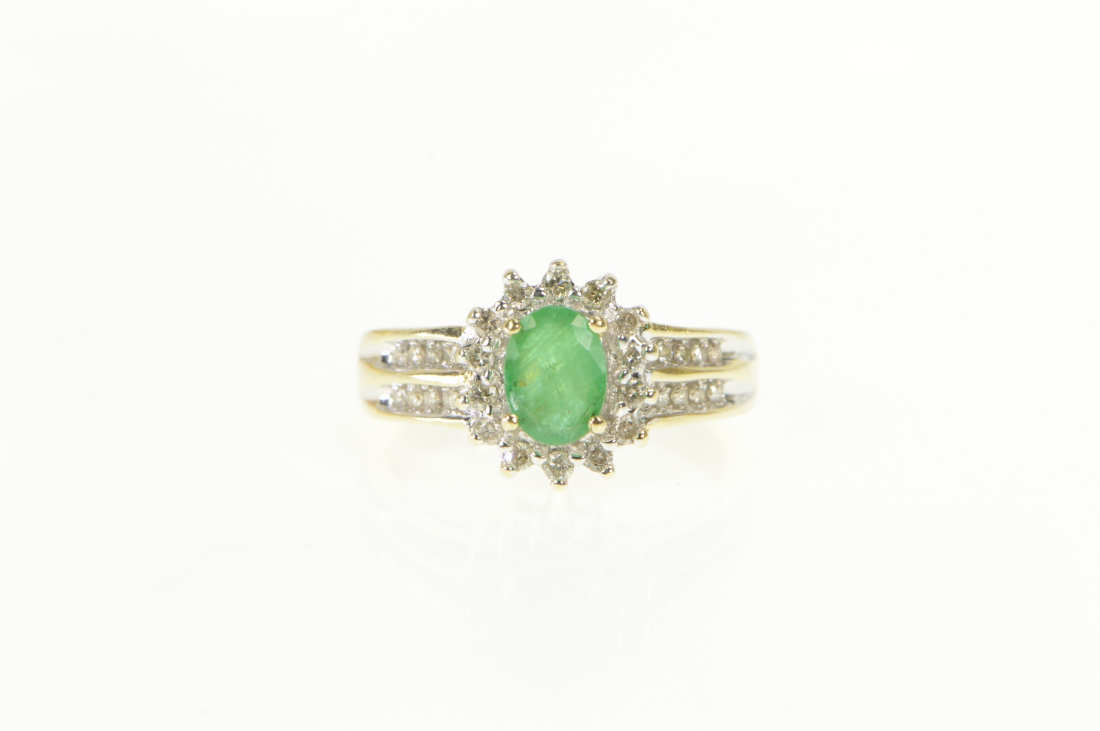 14K 0.94 Ctw Emerald Diamond Halo Engagement Yellow Gold Ring, Size 6.5