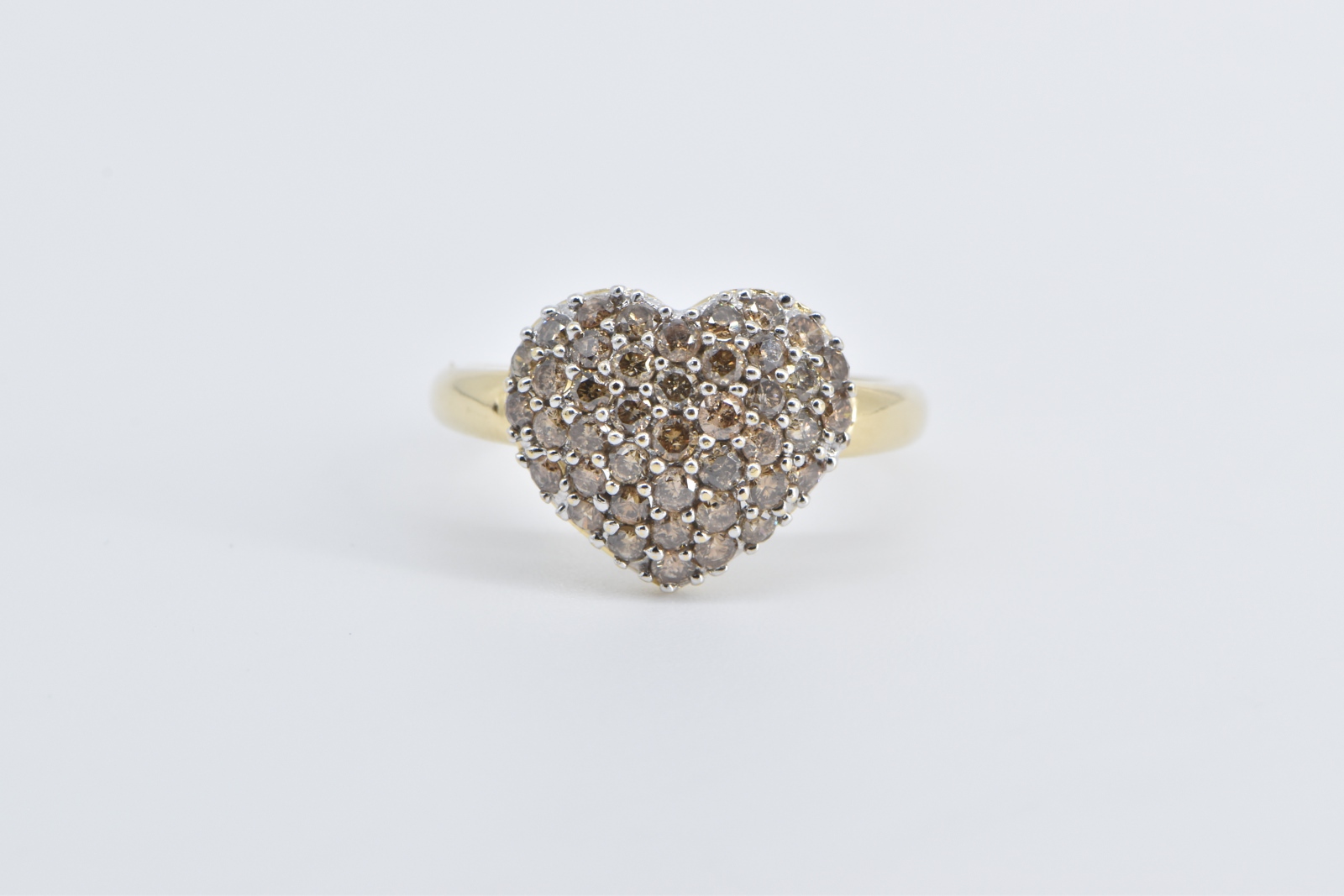 14K 1.00 Ctw Pave Fancy Brown Diamond Heart Love Yellow Gold Ring, Size 8.25