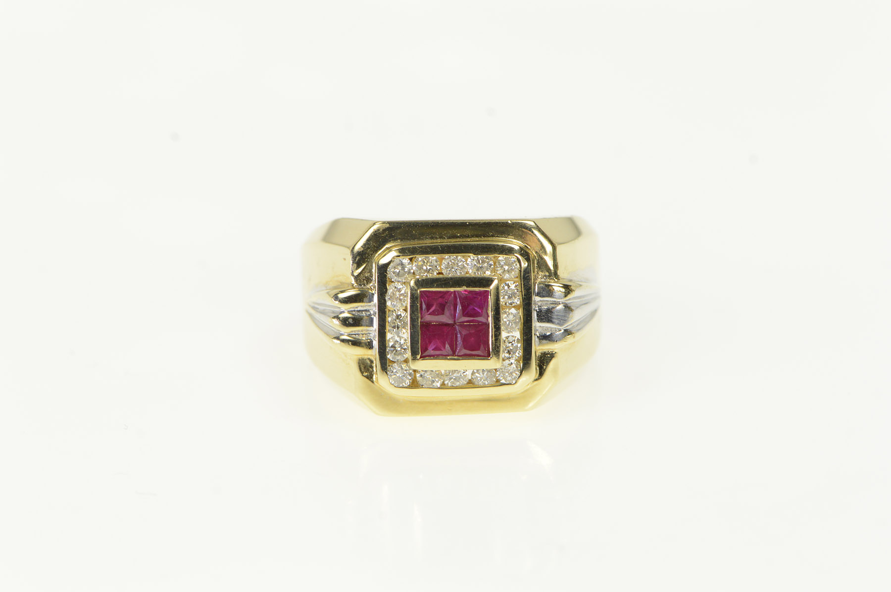 14K 1.00 Ctw Princess Syn. Ruby Diamond Squared Yellow Gold Ring, Size 11