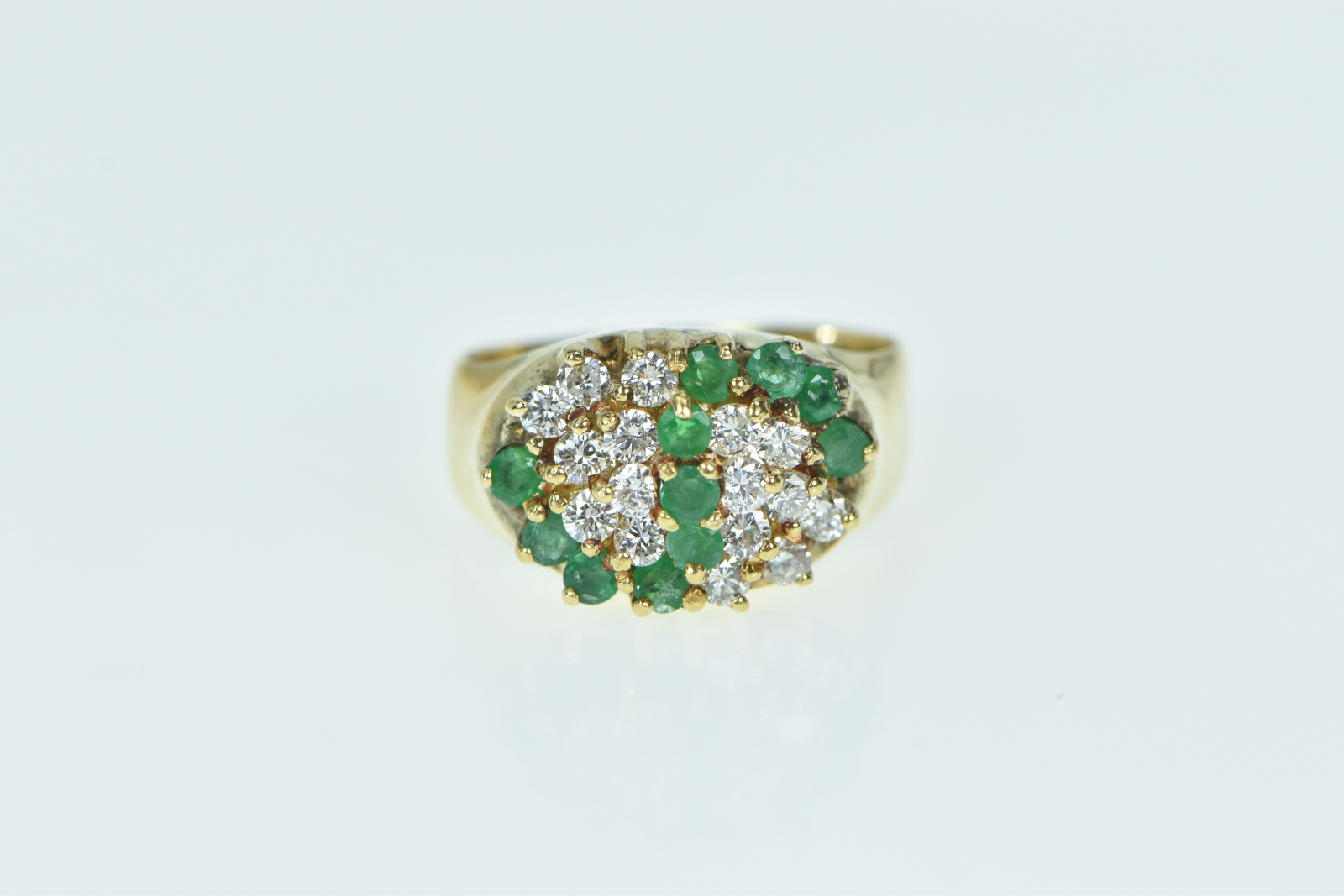 14K 1.05 Ctw Diamond Emerald Cluster Vintage Yellow Gold Ring, Size 6.25