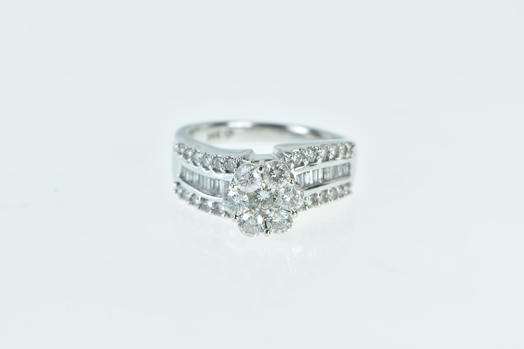 14K 1.25 Ctw Diamond Flower Cluster Engagement White Gold Ring, Size 6.75