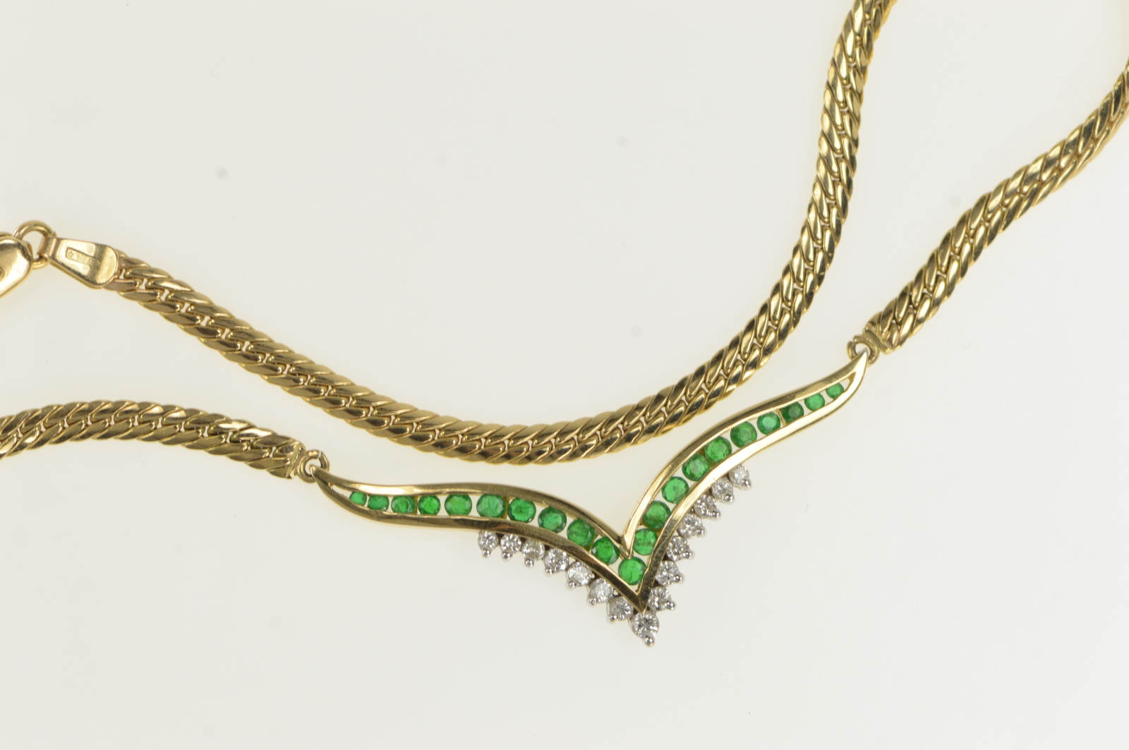 14K 1.25 Ctw Emerald Diamond Chevron Chain Yellow Gold Necklace 15"