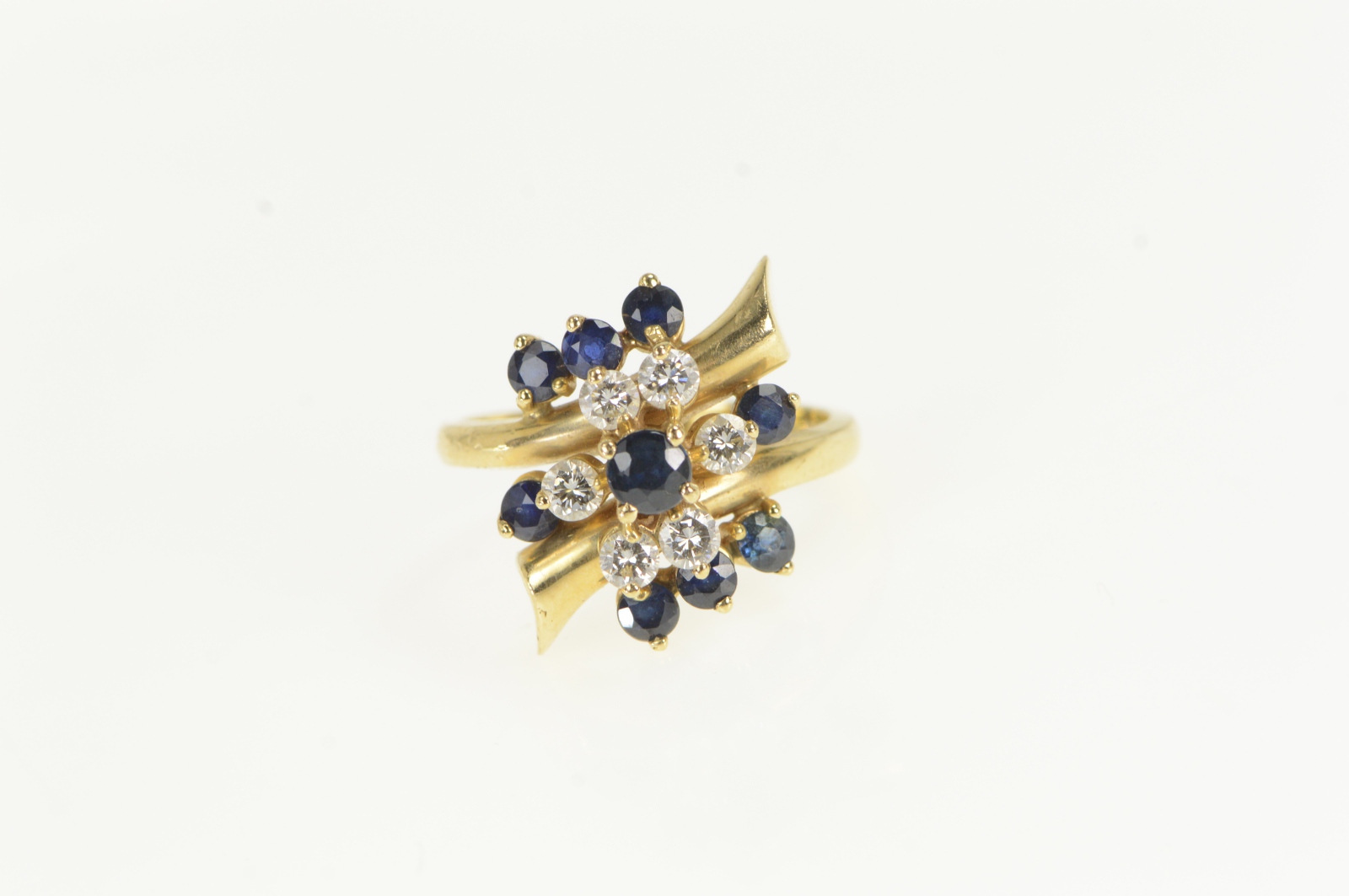 14K 1.25 Ctw Sapphire Diamond Cluster Yellow Gold Ring, Size 7