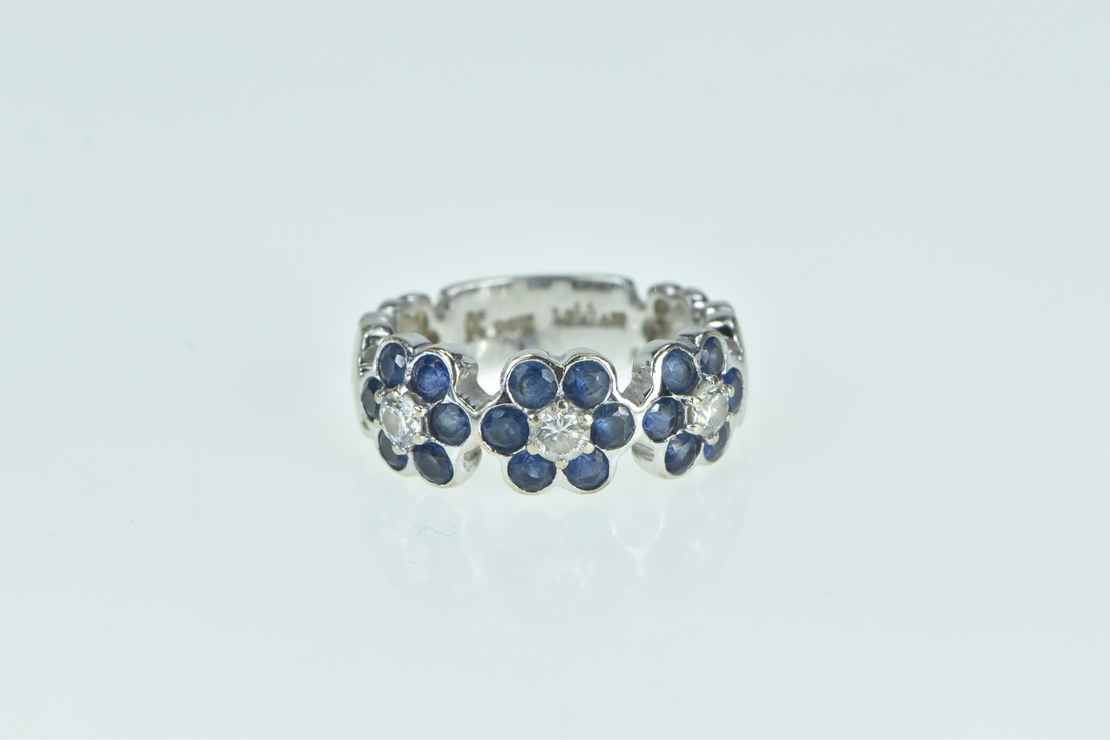 14K 1.30 Ctw LeVian Sapphire Diamond Flower White Gold Ring, Size 6.75