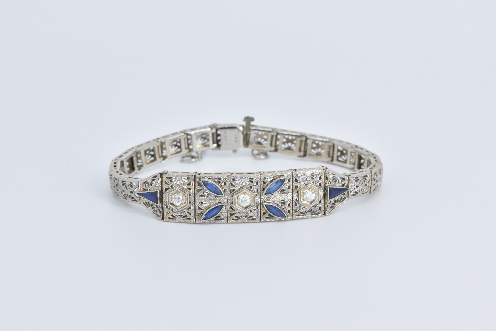 14K 1.30Ctw OEC Nat Diamond Syn Sapphire Filigree White Gold Bracelet 6.5"