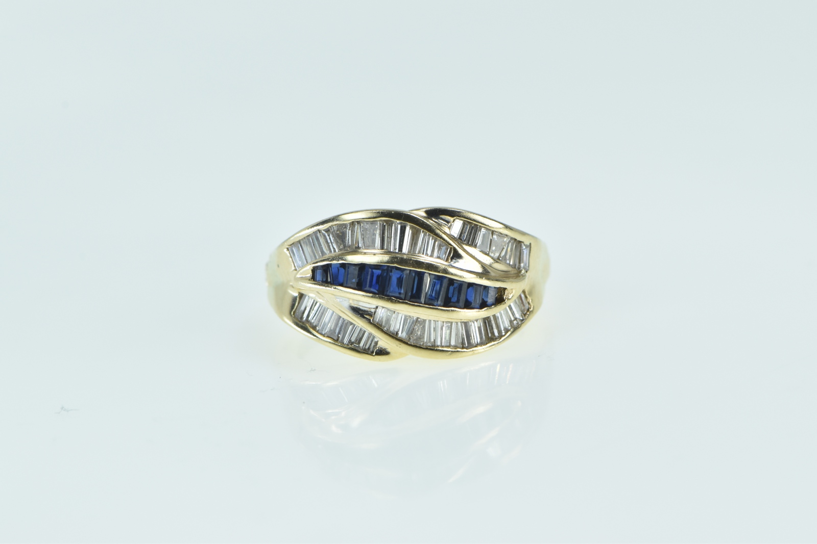 14K 1.34 Ctw Baguette Diamond Sapphire Wavy Yellow Gold Ring, Size 6.25