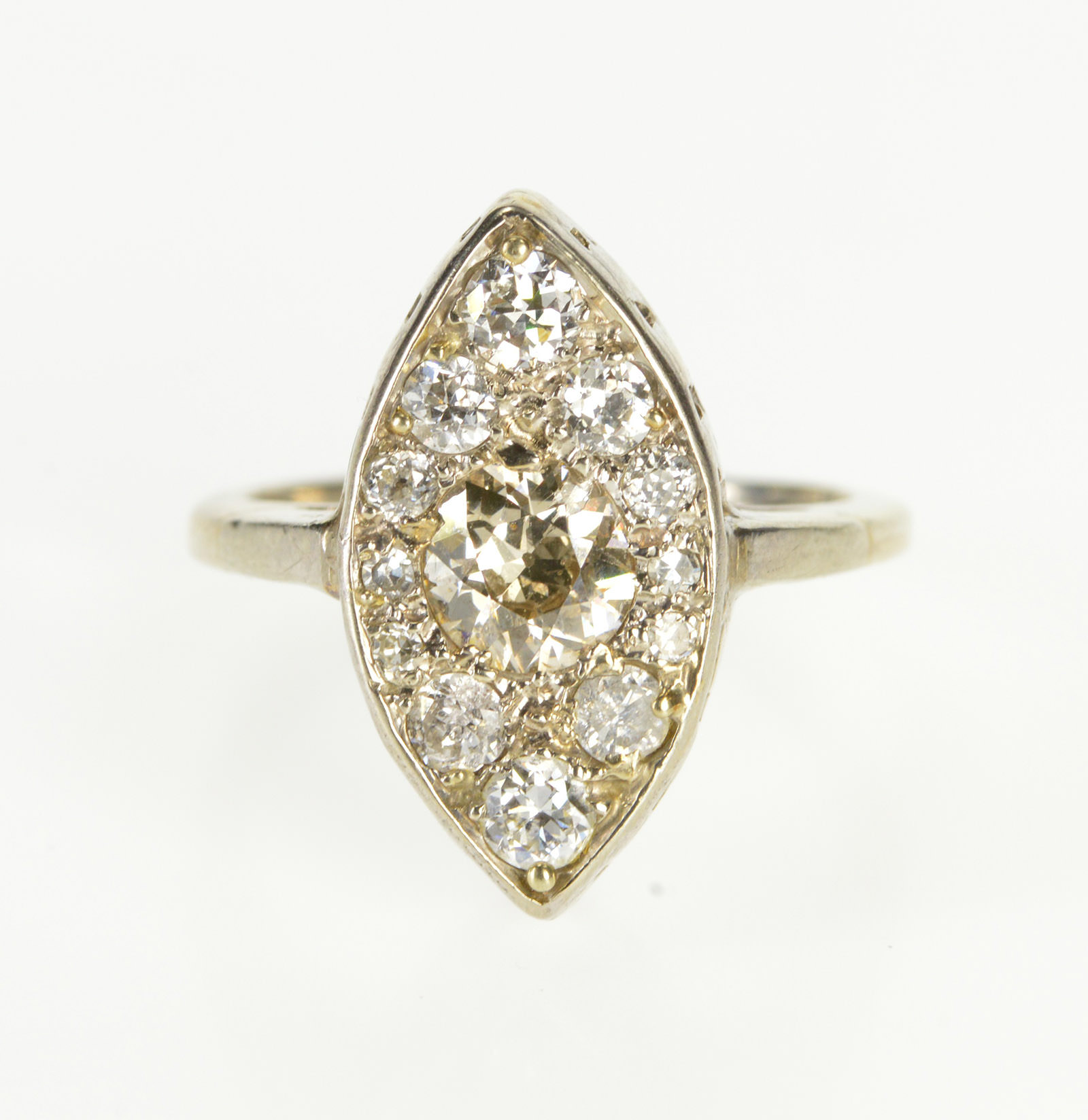 14K 1.35 Ctw Diamond Ornate Pointed Oval Engagement White Gold Ring