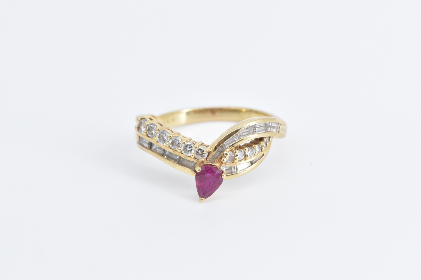 14K 1.40 Ctw Pear Ruby Diamond Chevron Band Yellow Gold Ring, Size 8.5