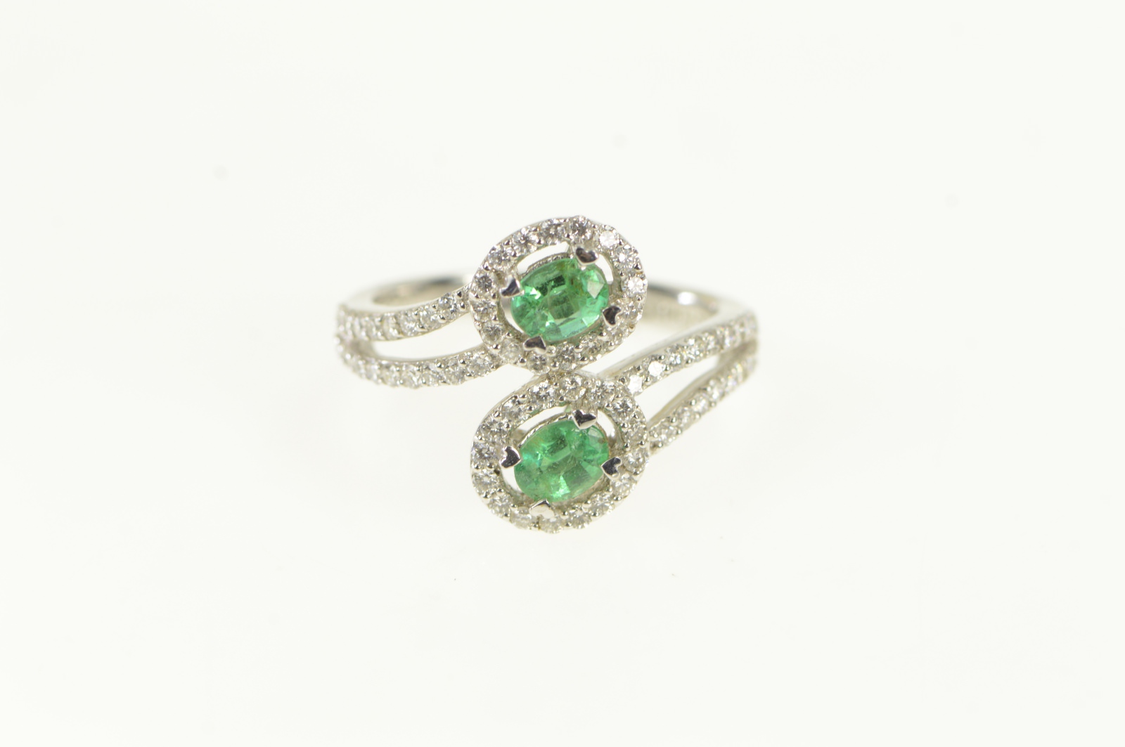 14K 1.45 Ctw Emerald Diamond Halo Bypass White Gold Ring, Size 7