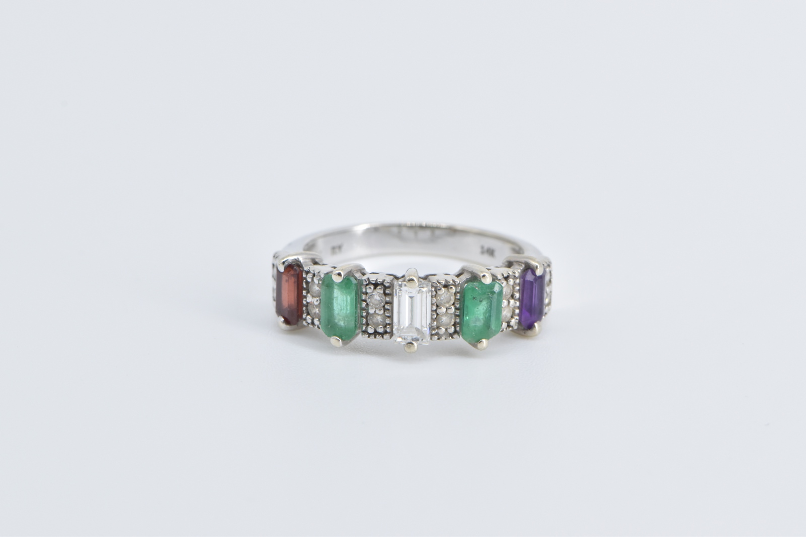14K 1.50 Ctw Emerald Garnet Amethyst Diamond Band White Gold Ring, Size 7