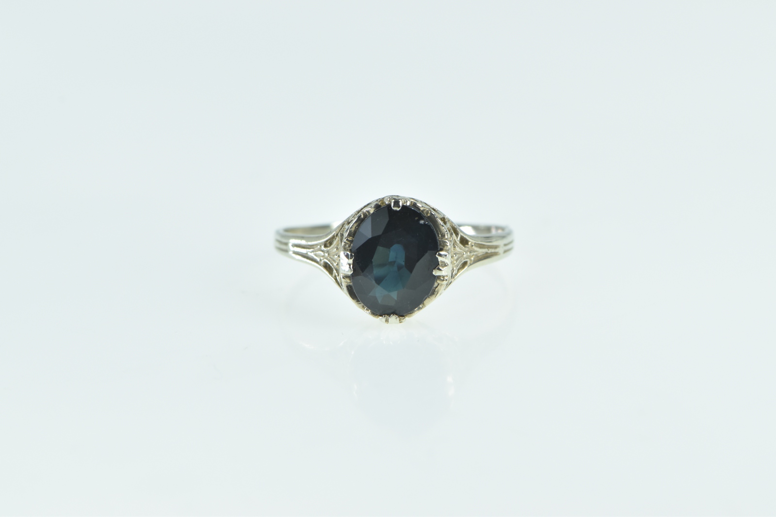 14K 1.55 Ct Art Deco Sapphire Filigree Engagement White Gold Ring, Size 8.5