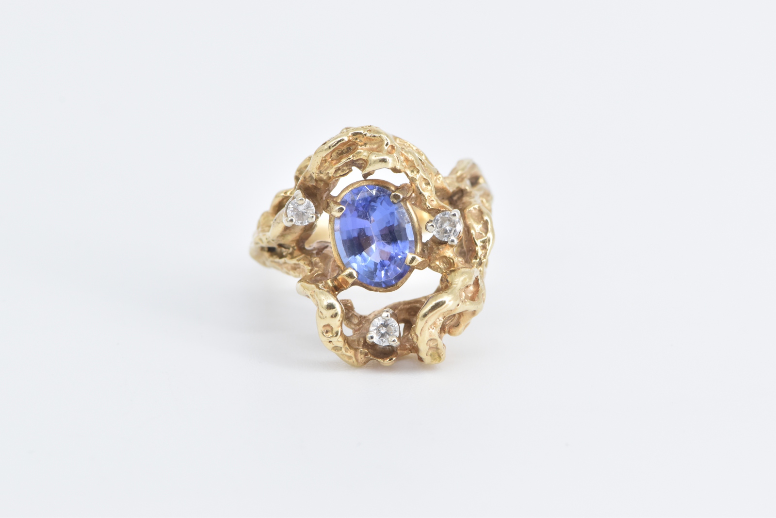 14K 1.65 Ctw Tanzanite Diamond Tree Freeform Yellow Gold Ring, Size 8.25
