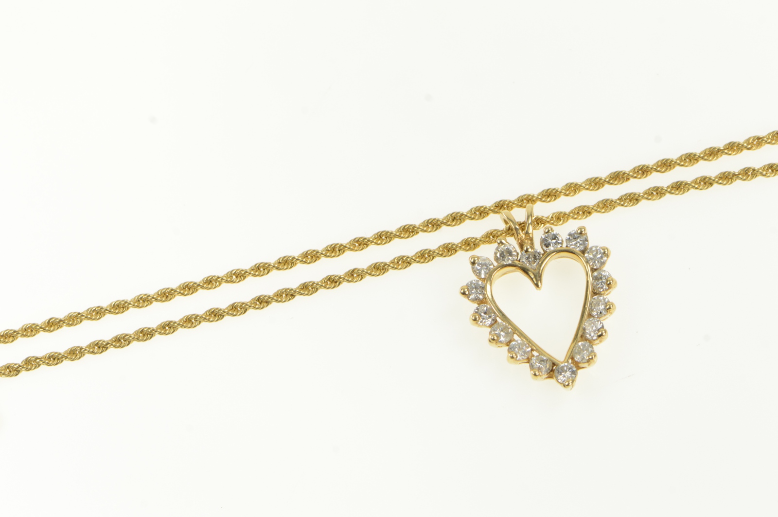 14K 1.6mm Rope Chain Diamond Heart Love Yellow Gold Necklace 18.25"
