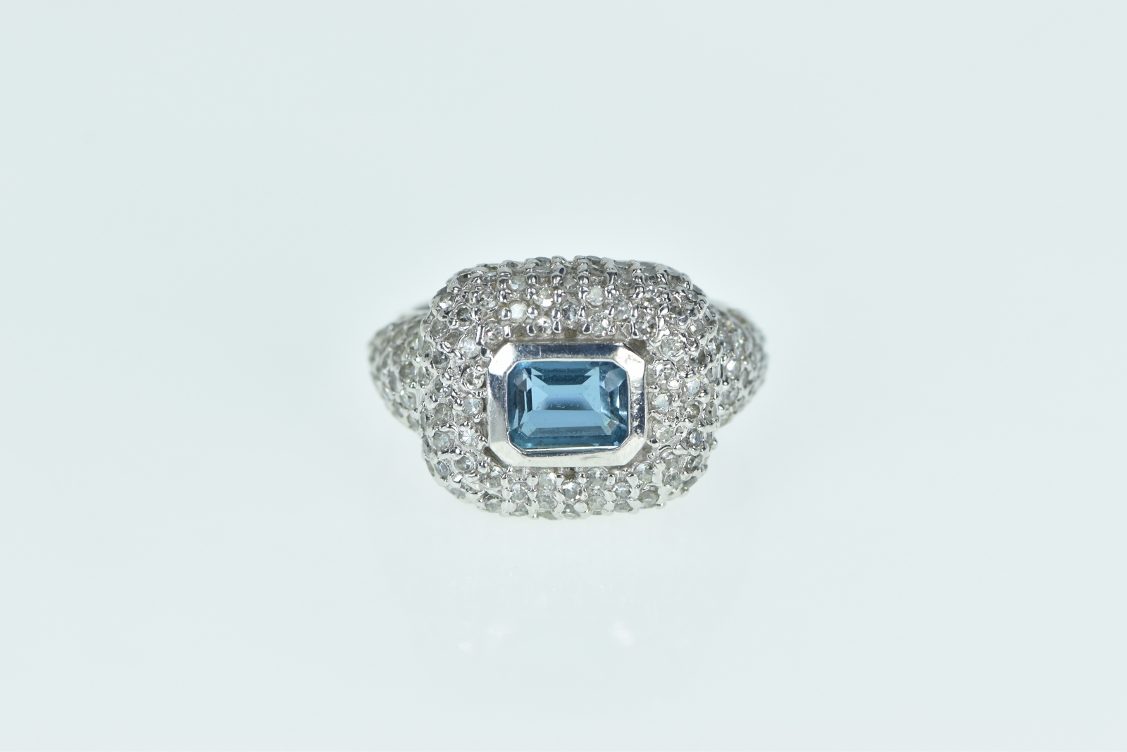 14K 1.75 Ctw Aquamarine Pave Diamond Statement White Gold Ring, Size 7