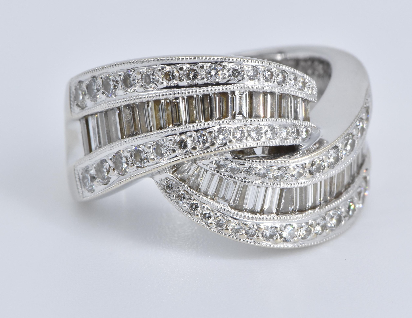 14K 1.75 Ctw Baguette Natural Diamond Twist Knot White Gold Ring, Size 7