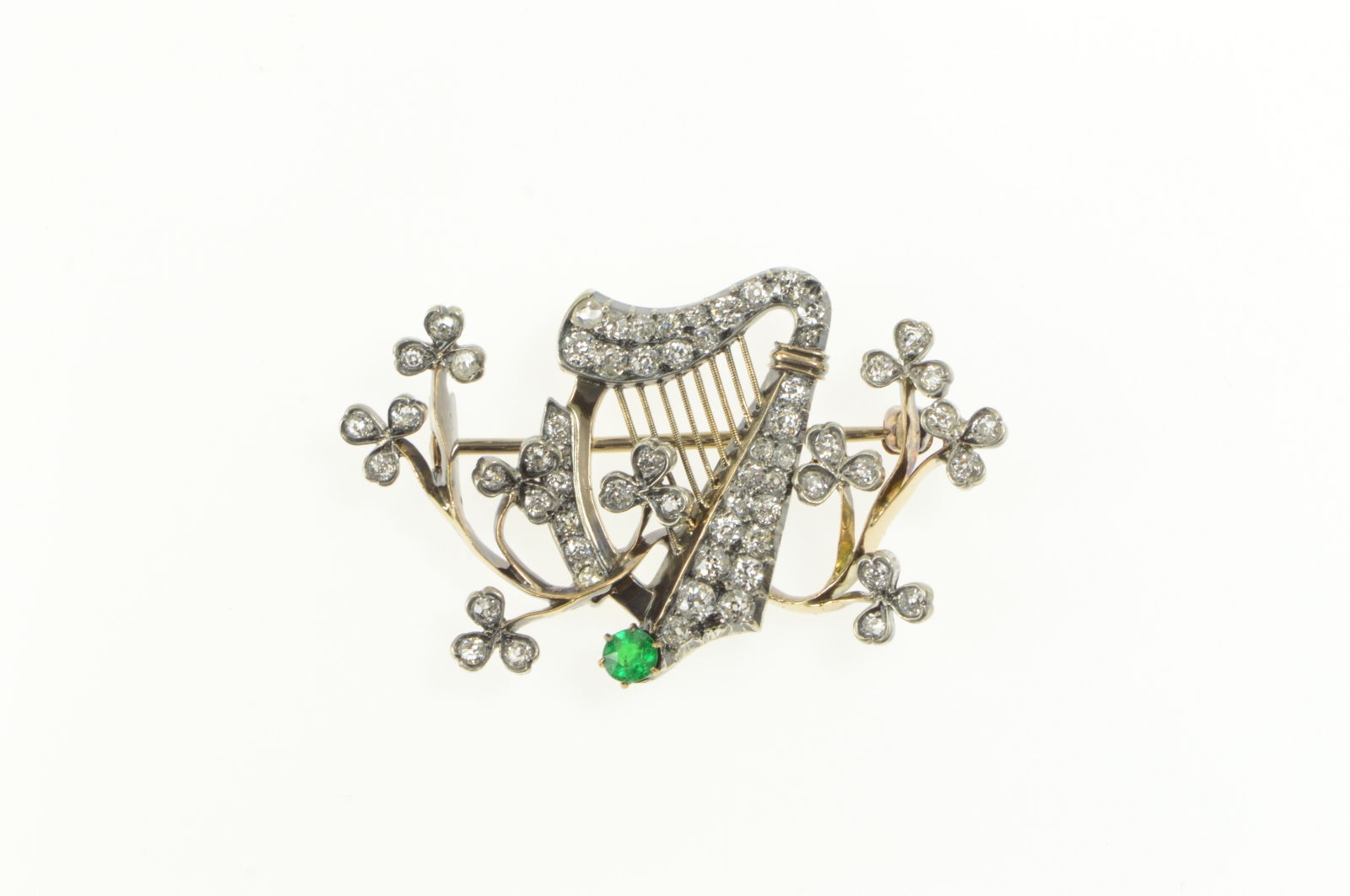 14K 1.80 Ctw Diamond Emerald Clover Blossom Yellow Gold Pin/Brooch