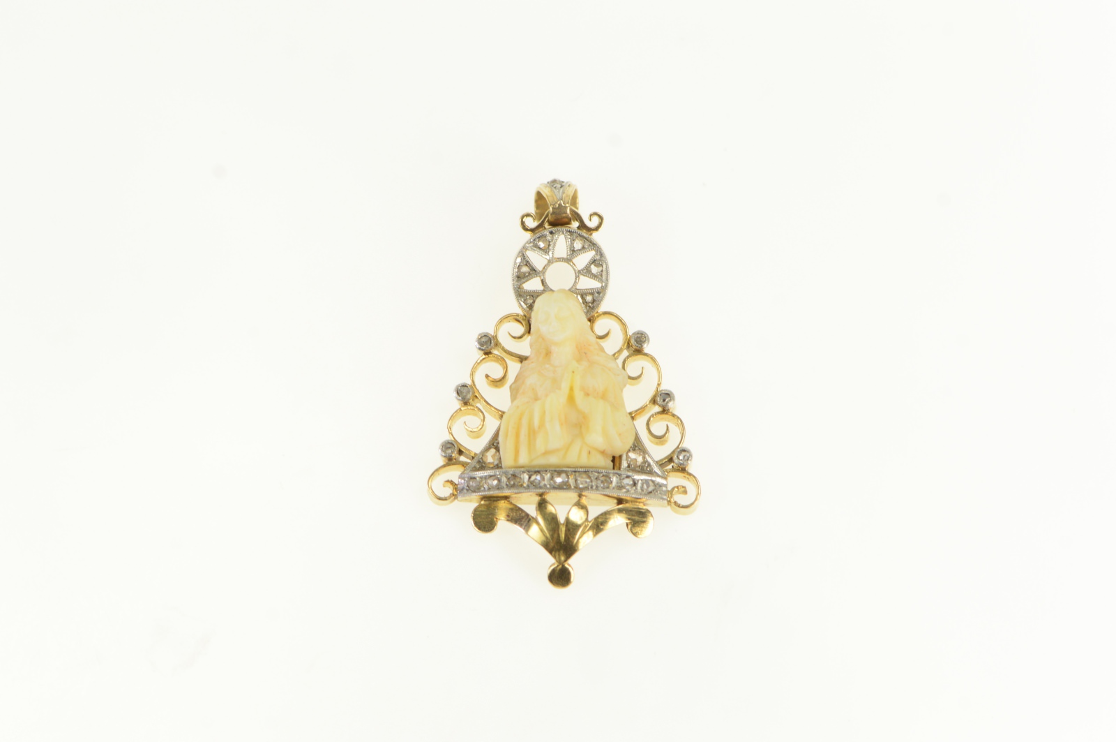 14K 1850's Virgin Mary Diamond Antique Yellow Gold Pendant