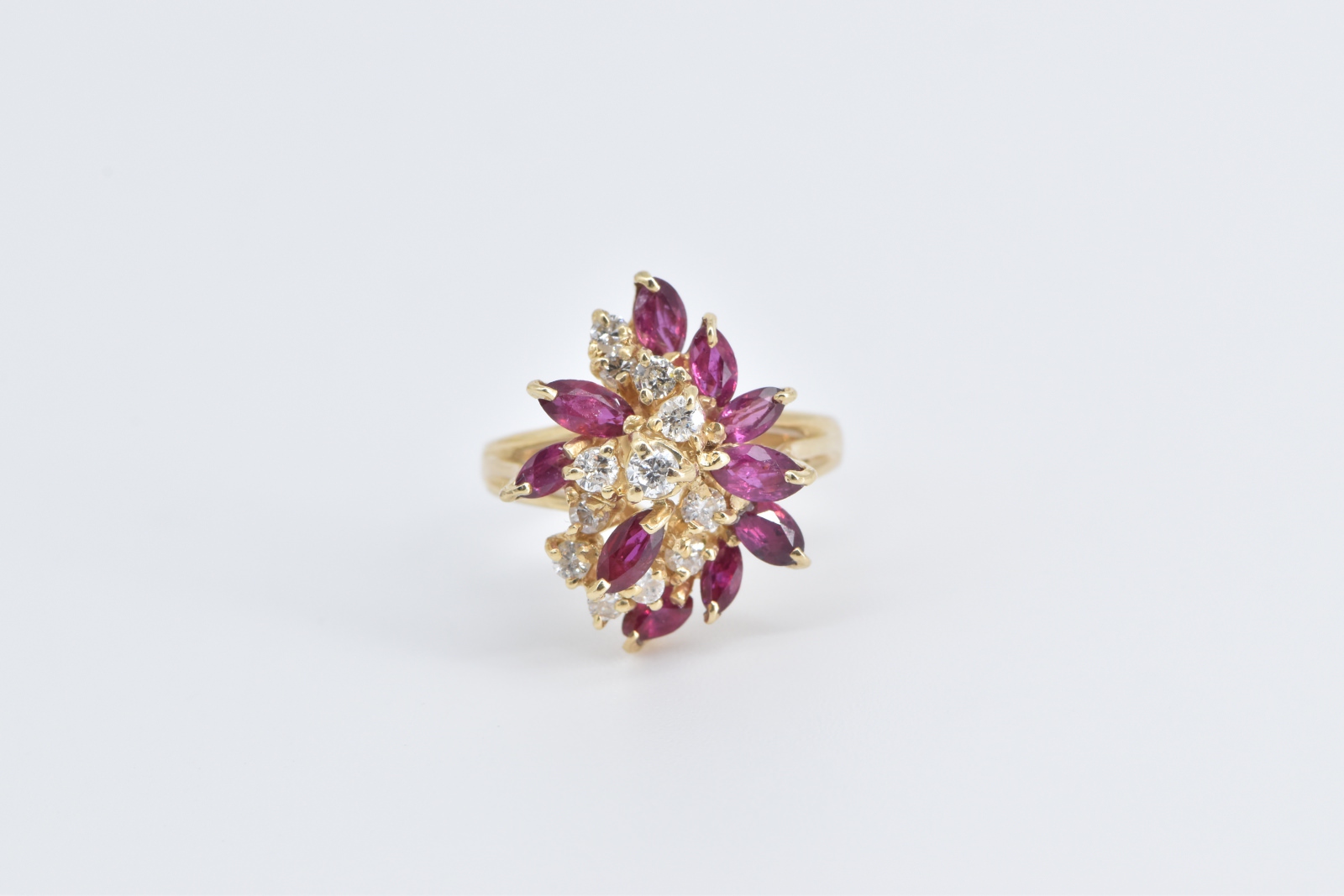 14K 1.90 Ctw Diamond Marquise Ruby Cluster Yellow Gold Ring, Size 5.5