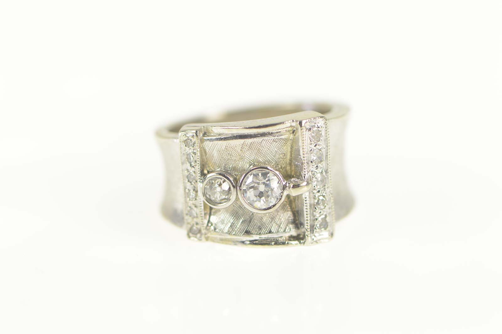 14K 1930's 0.61 Ctw Old European Diamond Buckle White Gold Ring, Size 5