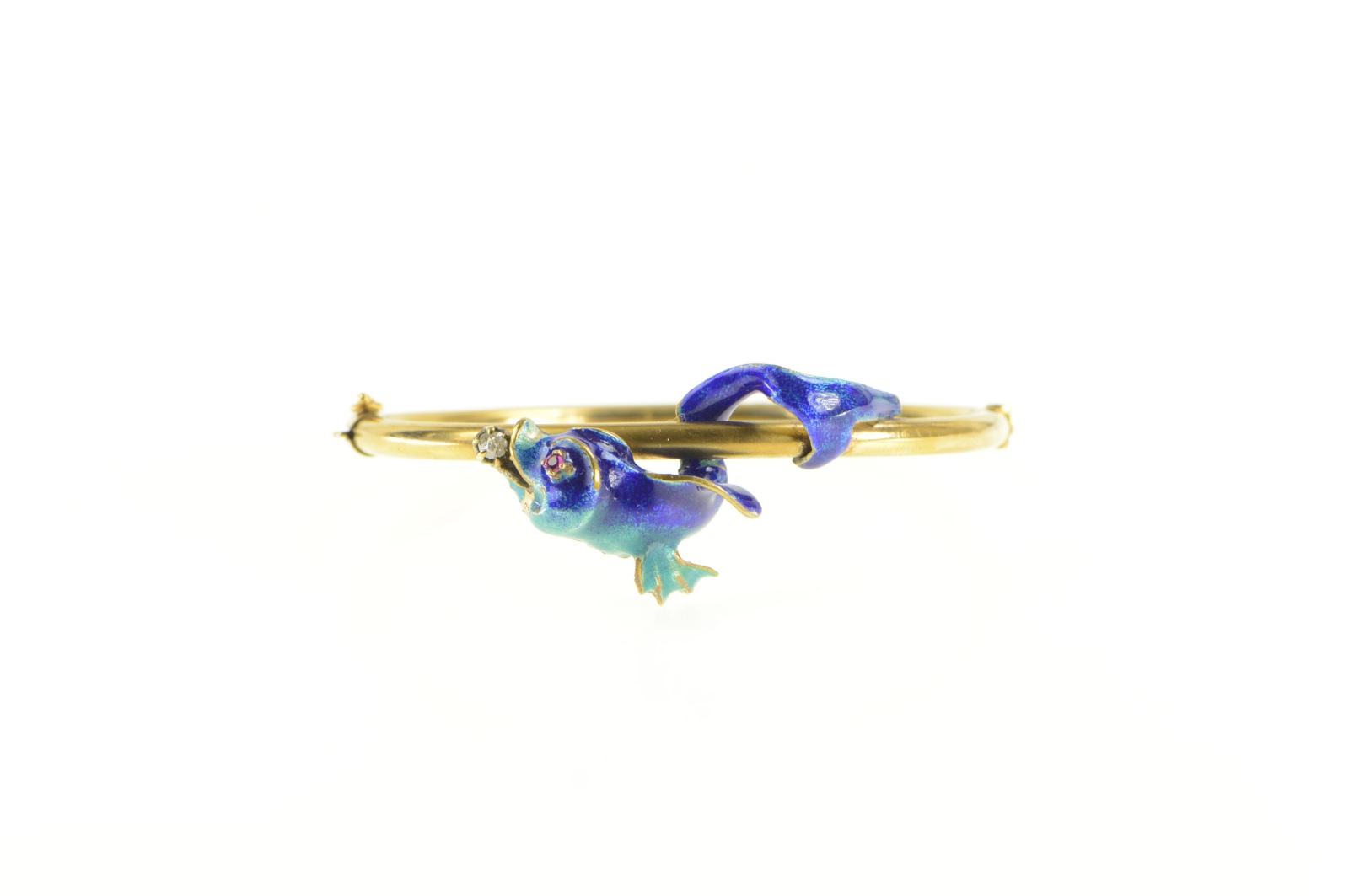 14K 1930's Diamond Blue Enamel Fish Bangle Yellow Gold Bracelet 6.75”