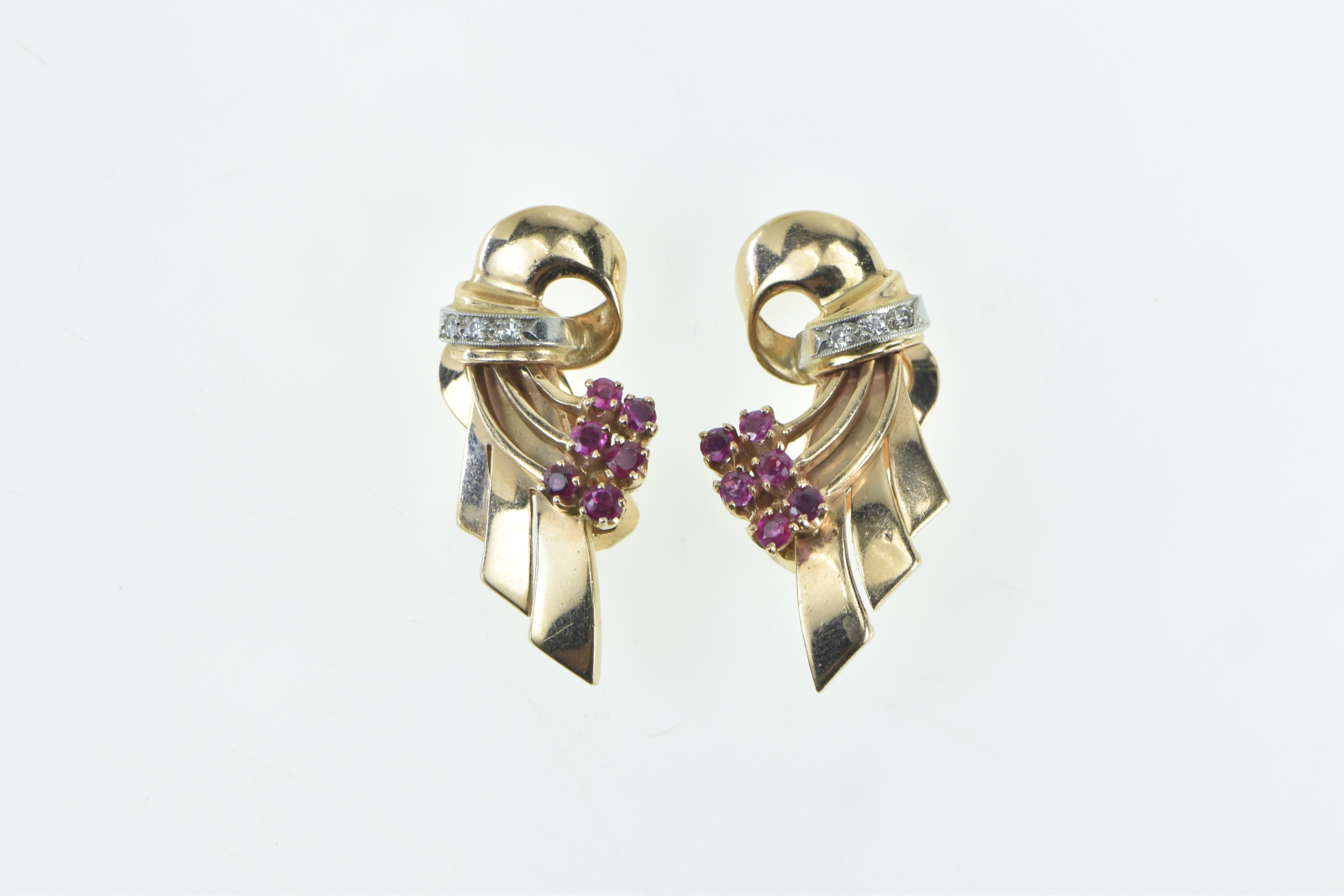 14K 1930's Ruby Diamond Swirl Loop Clip Back Yellow Gold Earrings