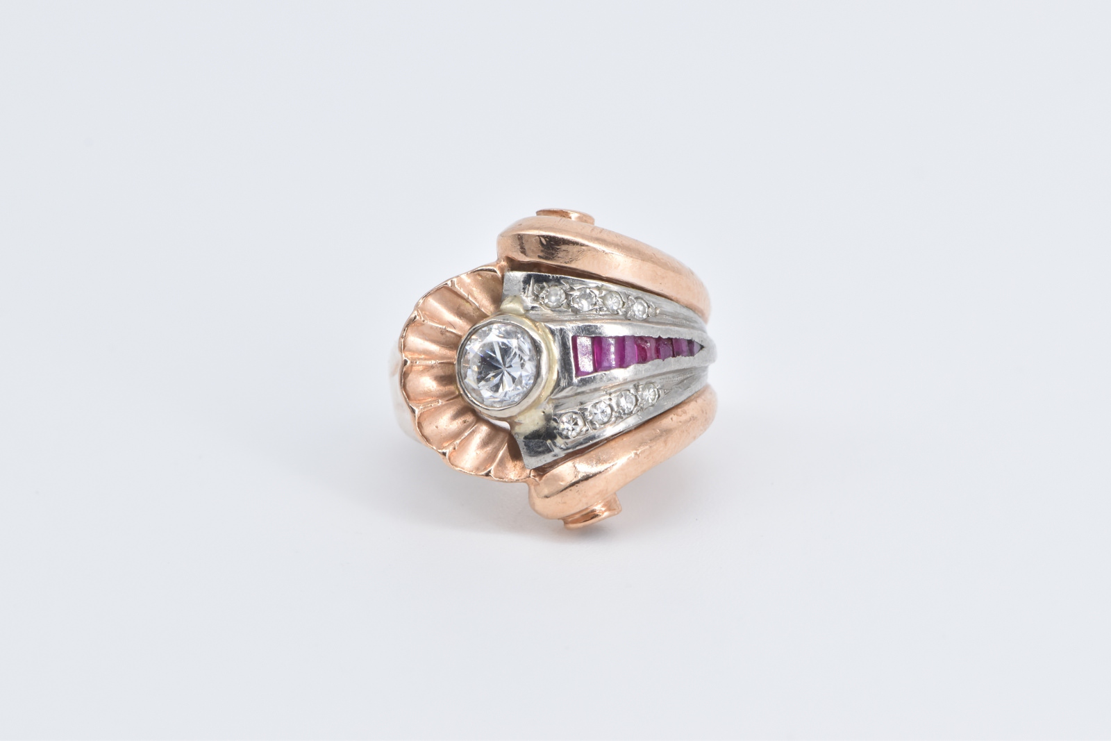 14K 1930's Scallop Sea Shell Ruby CZ Diamond Rose Gold Ring, Size 3.5