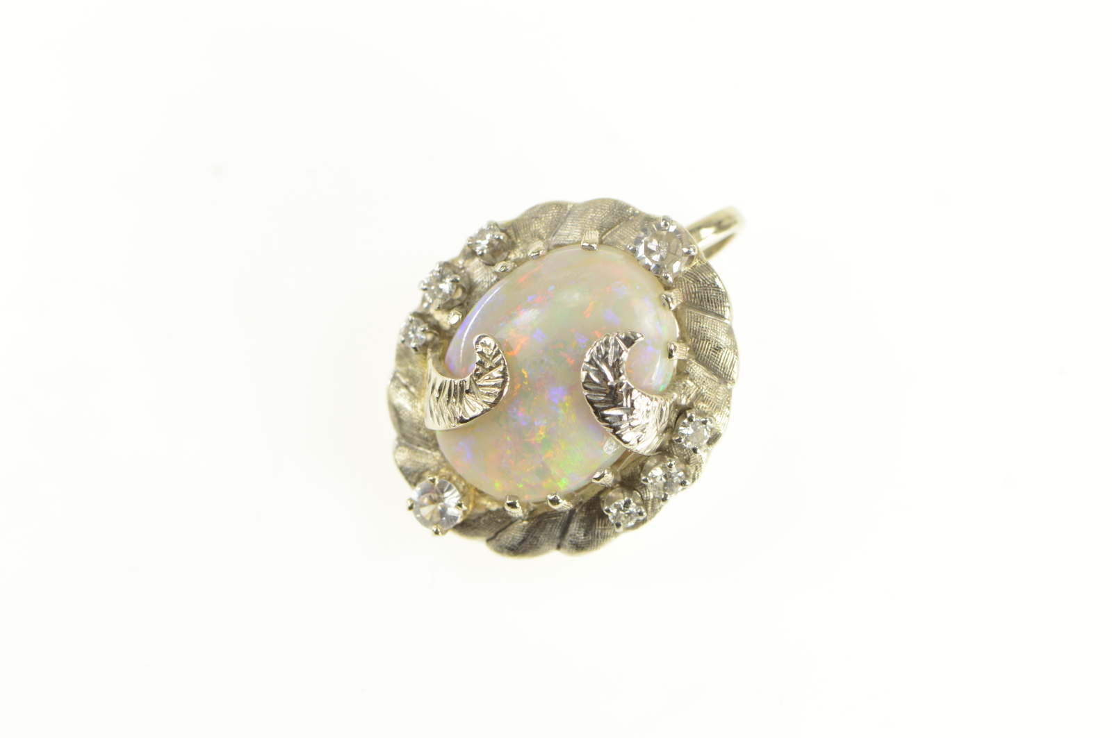 14K 1940's Opal Diamond Elaborate Floral Leaf White Gold Pendant