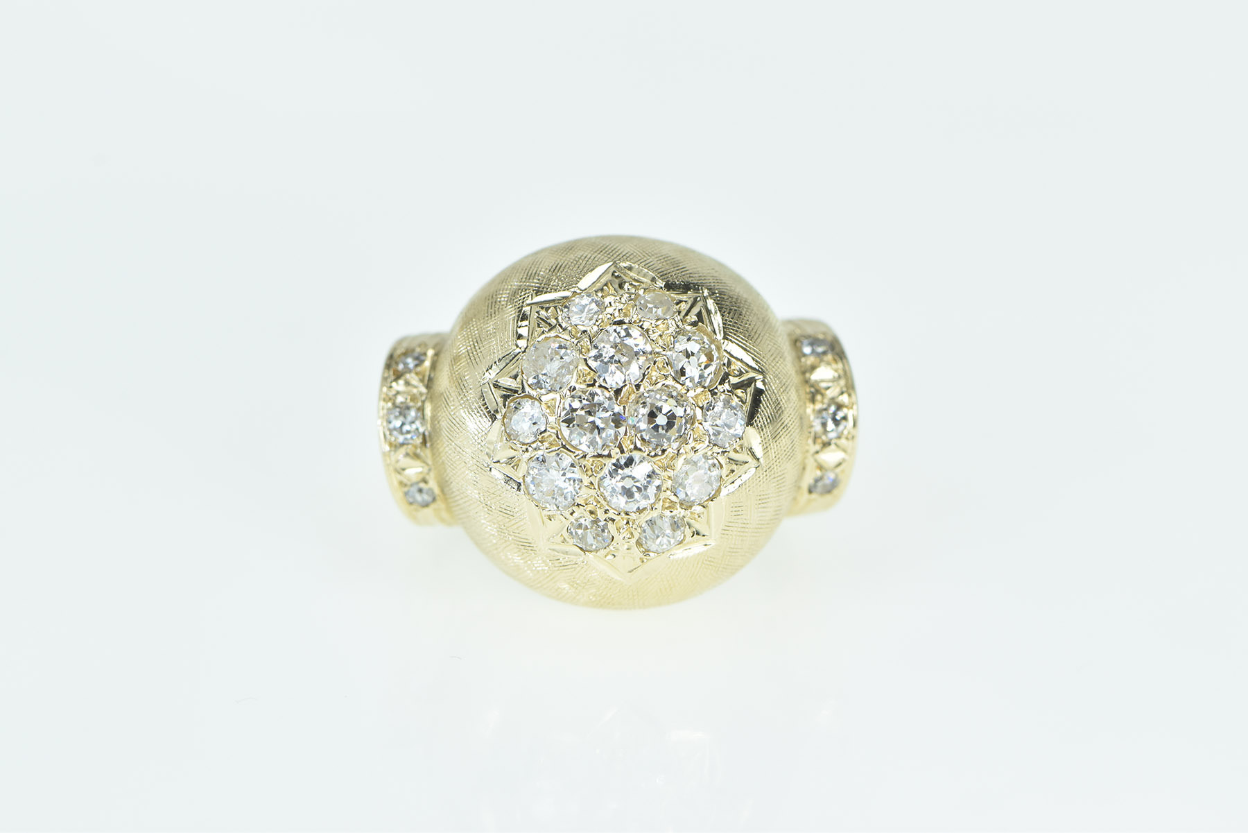 14K 1950's 1.00 Ctw Diamond Domed Cocktail Yellow Gold Ring, Size 7.5