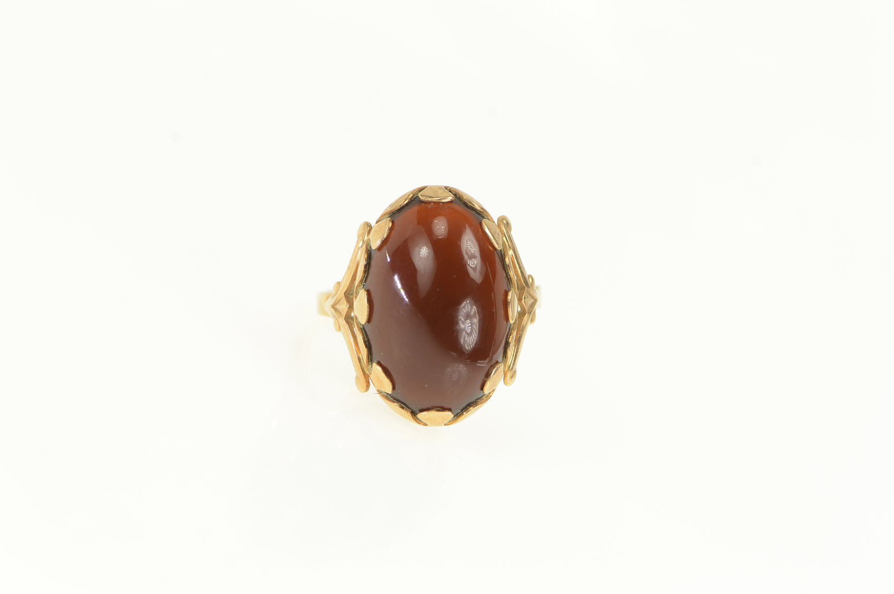 14K 1950's Carnelian Cabochon Vintage Floral Yellow Gold Ring, Size 9