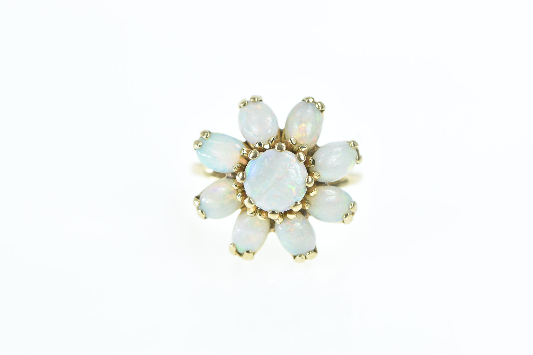 14K 1950's Opal Flower Vintage Round Cluster Yellow Gold Ring, Size 6.25