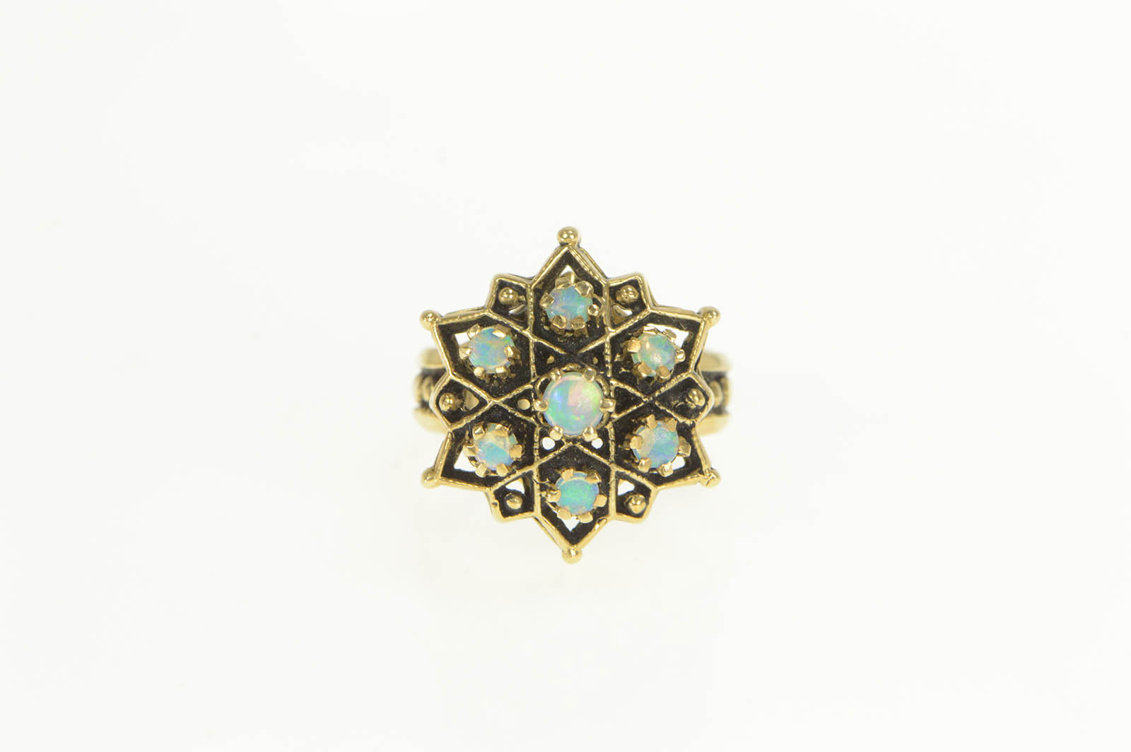 14K 1950's Ornate Natural Opal Star Flower Cocktail Yellow Gold Ring, Size 4.25