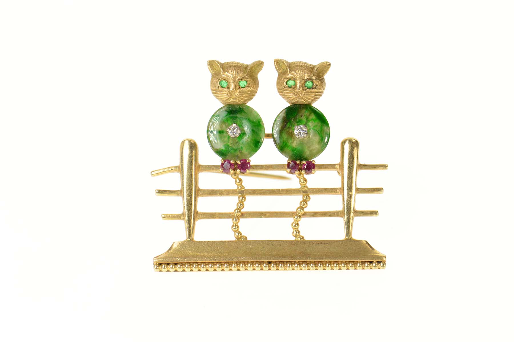 14K 1960's Diamond Jade Ruby Fence Cats Yellow Gold Pin/Brooch