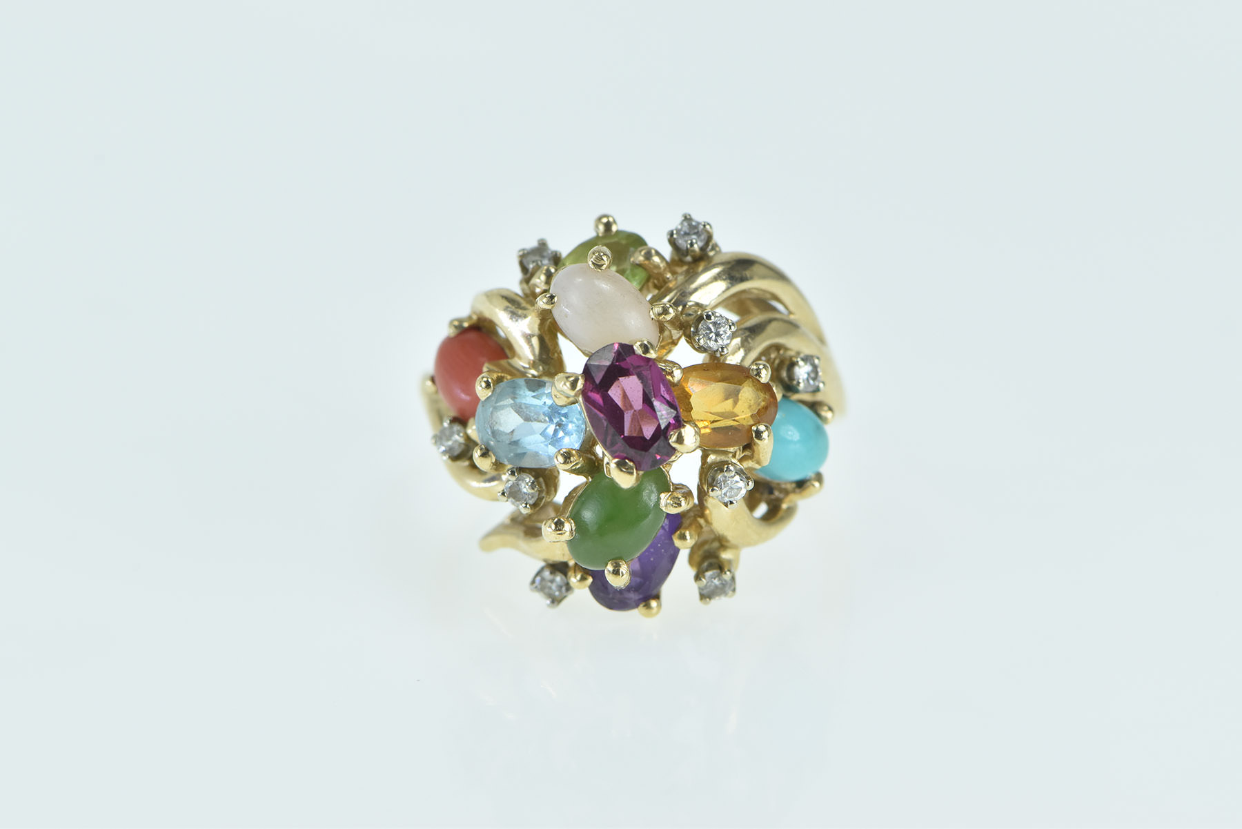 14K 1960's Gemstone Diamond Cluster Statement Yellow Gold Ring, Size 8.75