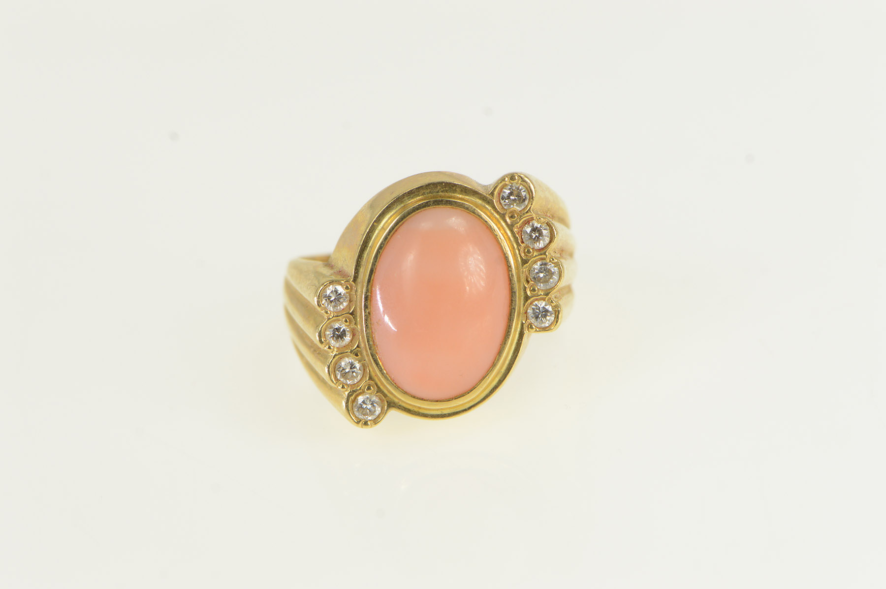 14K 1960's Ornate Coral Diamond Statement Yellow Gold Ring, Size 7.75