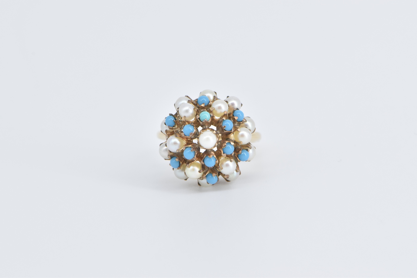 14K 1960's Seed Pearl Turquoise Domed Cocktail Yellow Gold Ring, Size 6.5