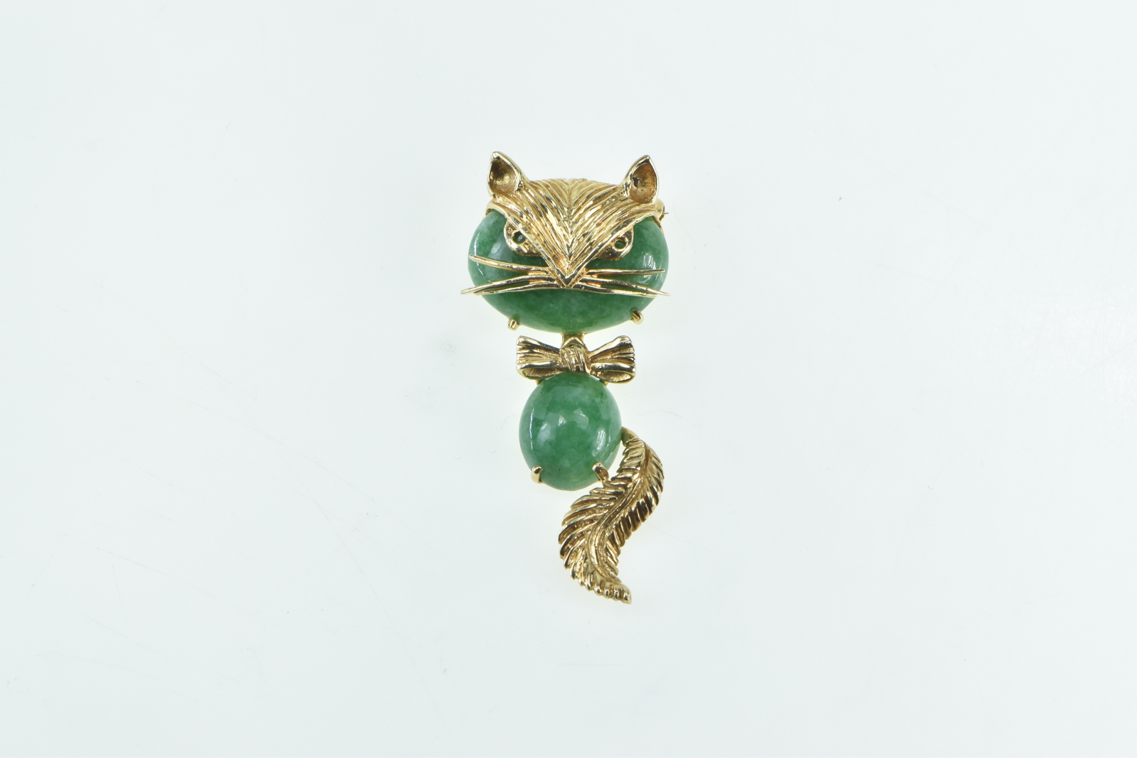 14K 1960's Vintage Jade Cat Kitten Drop Dangle Yellow Gold Pin/Brooch