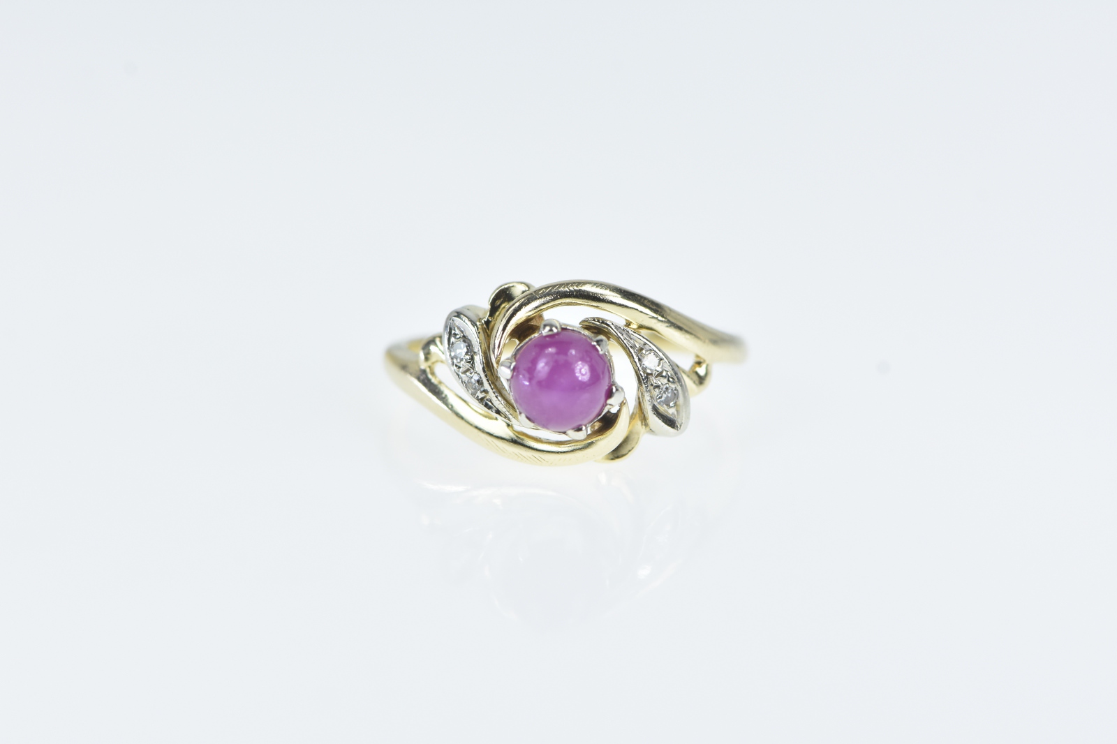 14K 1960's Vintage Syn. Ruby Diamond Swirl Yellow Gold Ring, Size 5