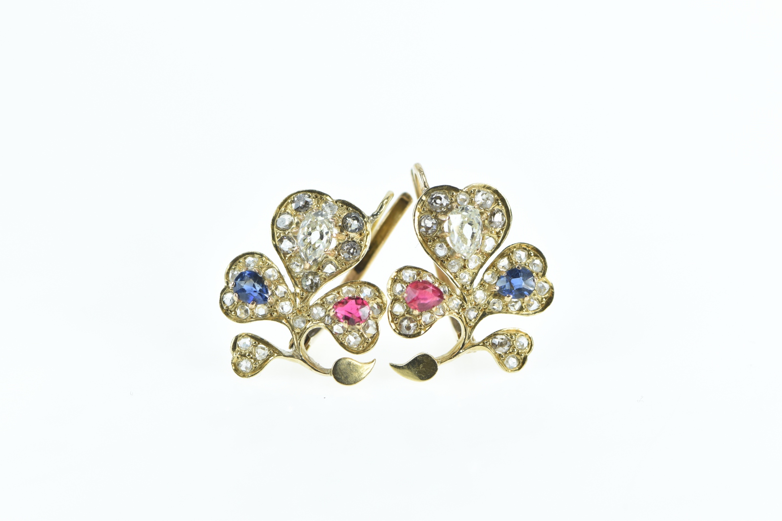 14K 2 Ctw Victorian Diamond Ruby Sapphire Yellow Gold Earrings