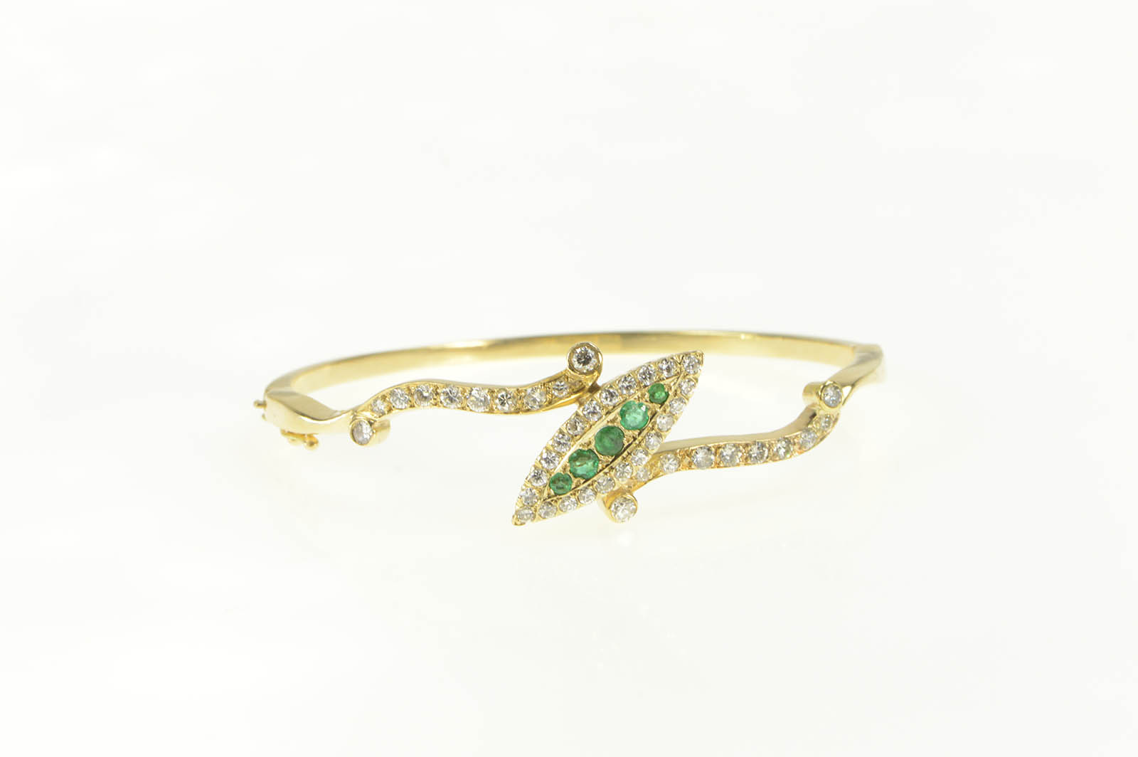 14K 2.00 Ctw Navette Emerald Diamond Bangle Yellow Gold Bracelet 6.5"