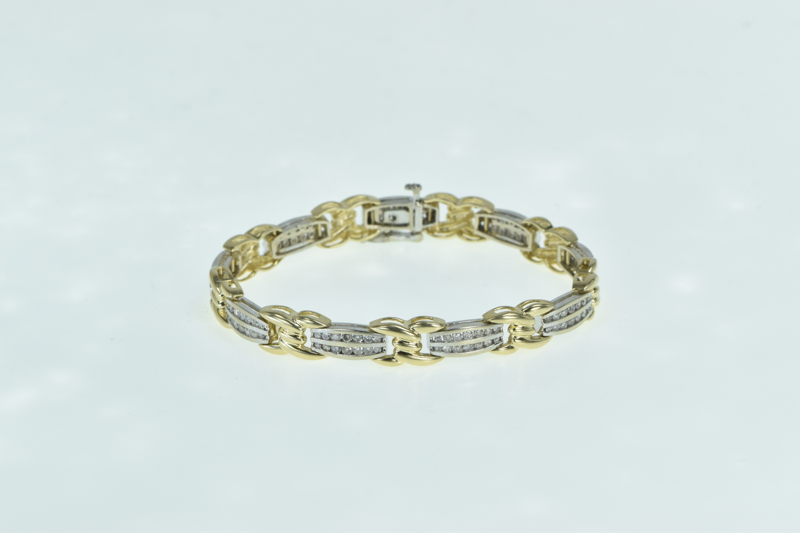 14K 2.25 Ctw Diamond Two Tone Twist Bar Link Yellow Gold Bracelet 7"