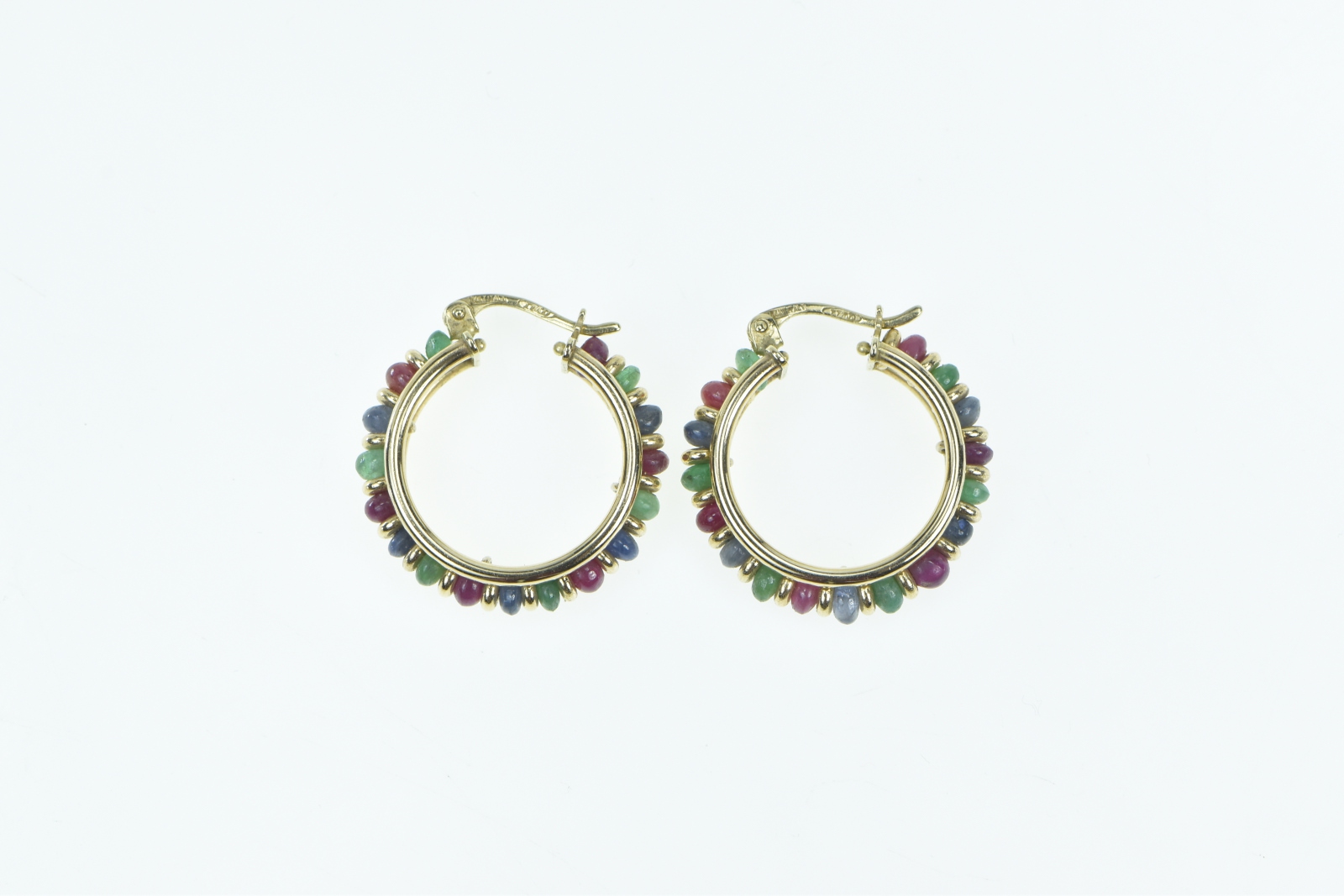 14K 22mm Ruby Emerald Sapphire Vintage Hoop Yellow Gold Earrings
